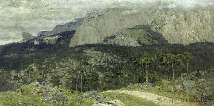 灰色的一天。山。克里米亚。 A gray day. Mountains. Crimea. (1886; Feodosiya,Crimea,Ukraine  )，列维坦