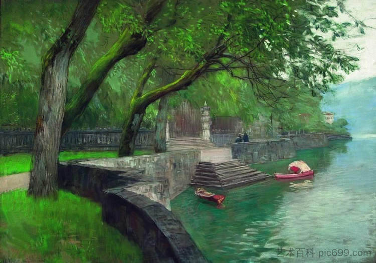 在科莫湖。堤防。 At the lake Como. Enbankment. (1894; Italy  )，列维坦