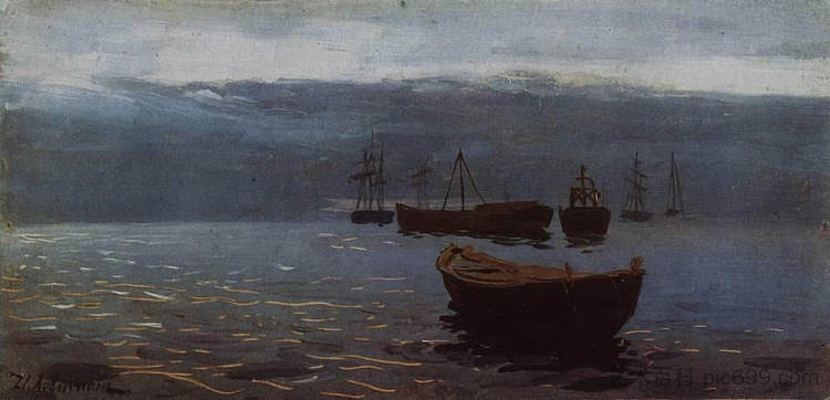 在伏尔加河。夜幕降临。 At Volga. Evening falls. (1888; Russian Federation  )，列维坦