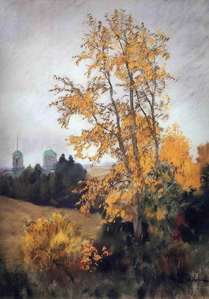 秋季景观与教堂 Autumn landscape with church (c.1895; Russian Federation  )，列维坦