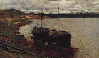 驳船。伏尔加河。 Barges. The Volga. (1889; Russian Federation                     )，列维坦