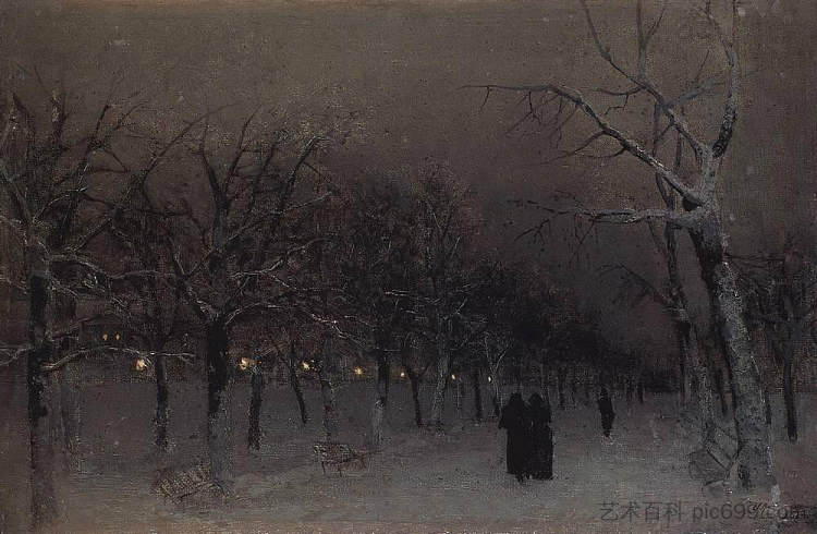 晚上的林荫大道。 Boulevard in the evening. (1883; Moscow,Russian Federation  )，列维坦