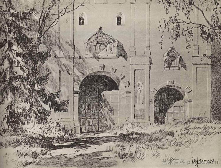 兹韦尼哥罗德附近的萨夫文斯基修道院的入口大门 Entrance gate of Savvinsky monastery near Zvenigorod (1884; Russian Federation  )，列维坦