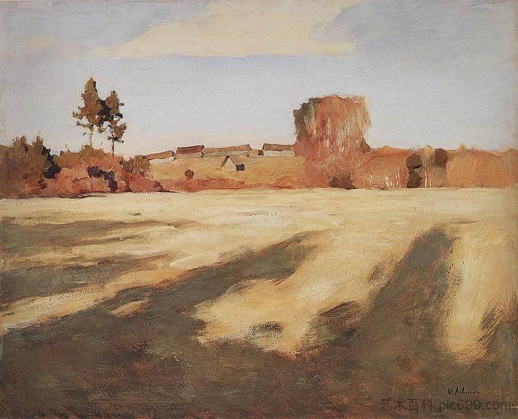 收获后的田野。 Field after Harvest. (1897; Russian Federation  )，列维坦