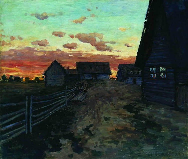 日落后的小屋 Huts after sunset (1899; Russian Federation  )，列维坦