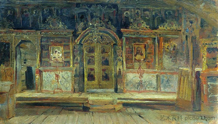 普廖斯的彼得保罗教堂内部 Inside the Peter and Paul Church in Plyos (1888; Russian Federation  )，列维坦