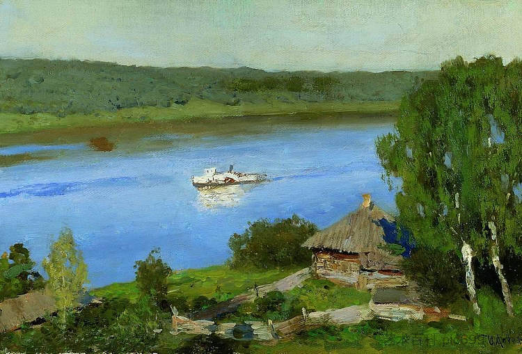 有汽船的风景 Landscape with a steamboat (c.1888; Russian Federation  )，列维坦