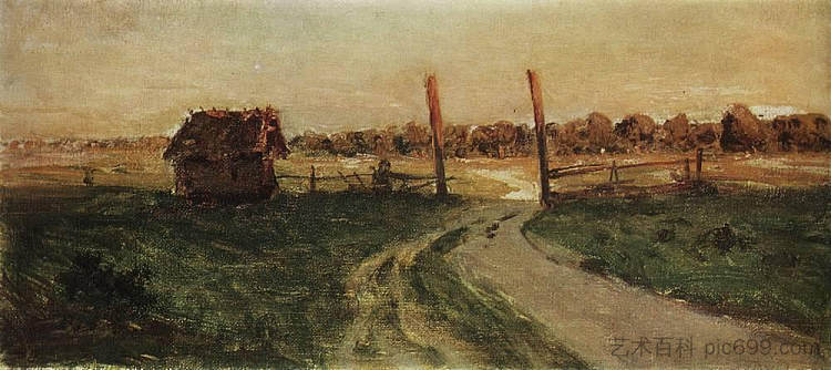 风景与伊斯巴。 Landscape with an isba. (1899; Russian Federation  )，列维坦