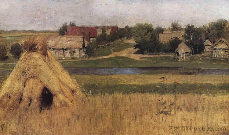 滑轮和河边的村庄 Sheaves and a Village Beyond the River (c.1881; Russian Federation  )，列维坦