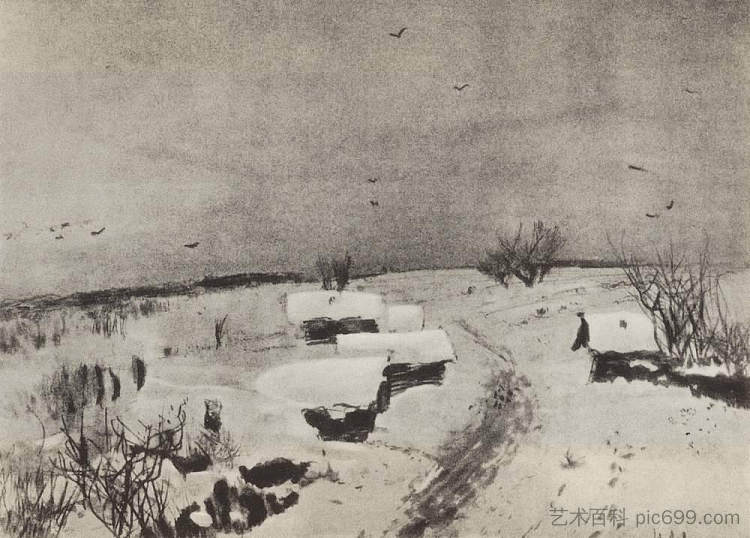 雪下的小村庄 Small village under the snow (c.1885; Russian Federation  )，列维坦