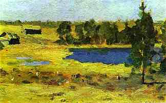 湖。森林边缘的谷仓。 The Lake. Barns at the edge of forest. (1899; Russian Federation                     )，列维坦