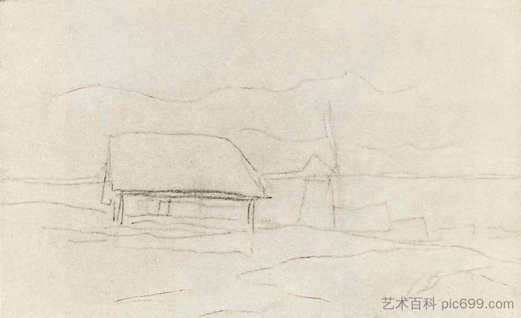 村。风车。 Village. Windmill. (c.1875; Russian Federation  )，列维坦