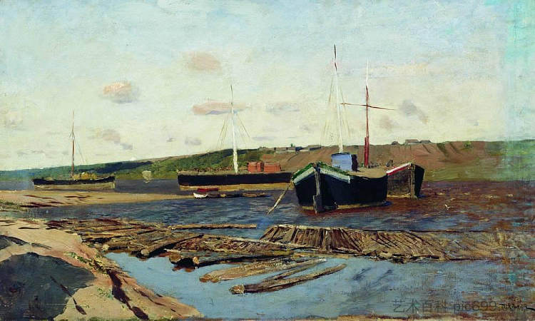 伏尔加。驳船。 Volga. Barges. (c.1895; Russian Federation  )，列维坦