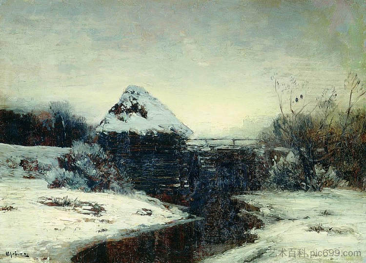 冬季景观与磨坊 Winter landscape with mill (1884; Russian Federation  )，列维坦