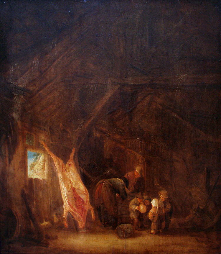 谷仓内部有一头被宰杀的猪，孩子们在外面玩耍 A Barn Interior with a Slaughtered Pig, Children Playing Beyond (1645)，伊萨克·范·奥斯塔德