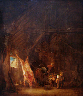 谷仓内部有一头被宰杀的猪，孩子们在外面玩耍 A Barn Interior with a Slaughtered Pig, Children Playing Beyond (1645)，伊萨克·范·奥斯塔德