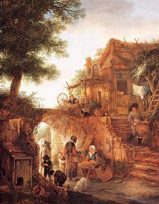 在小屋旁卖水果的女人 Woman Selling Fruit by a Cottage (1645)，伊萨克·范·奥斯塔德