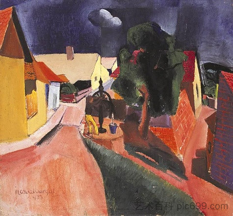 暴风雨天气中圣安德烈的街道 Street at Szentendre in Stormy Weather (1933)，伊斯万·伊洛斯瓦瓦尔加