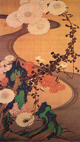 溪边的菊花，有岩石 Chrysanthemums by a stream, with rocks (1760)，伊藤若冲