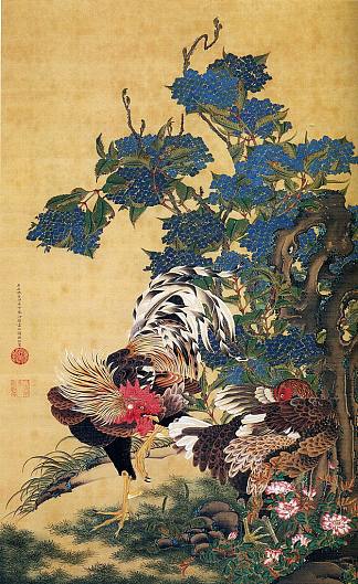 公鸡和母鸡与绣球花 Rooster and Hen with Hydrangeas，伊藤若冲