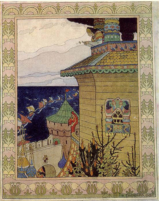 监狱塔里的公主。俄罗斯童话“白鸭”插图 Princess in the prison tower. Illustration of the Russian fairy tale "The White duck" (1902)，伊凡·比利本