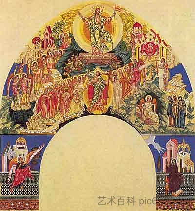 基督的复活。奥尔沙尼圣母升天教堂壁画的草图 Resurrection of Christ. The sketch for the fresco of the church of the Assumption in Olshany (1900)，伊凡·比利本