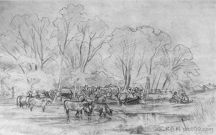 溪流附近的牛群 Herd near a stream，伊万·希什金