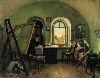 伊万·希什金和A·吉内特在瓦拉姆岛的工作室 Ivan Shishkin and A. Guinet in the studio on the island of Valaam (1860)，伊万·希什金