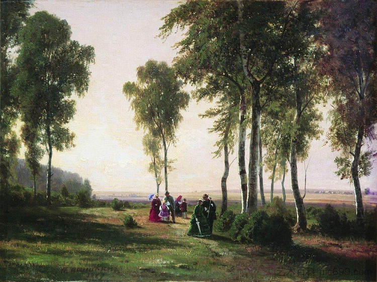 有步行者的景观 Landscape with walking people (1869)，伊万·希什金