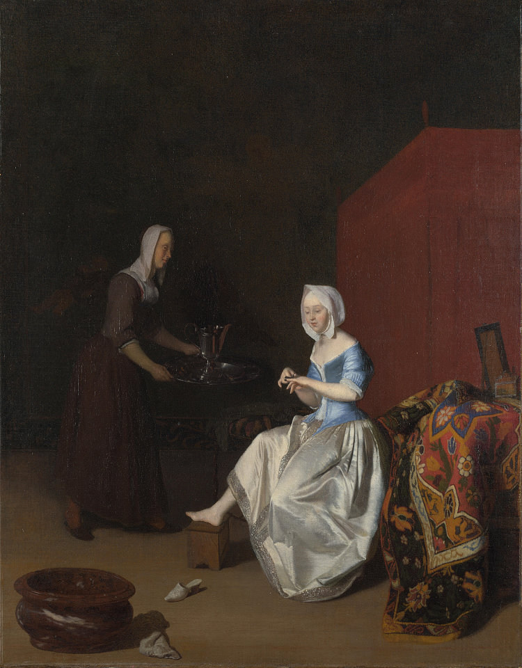 一位修剪指甲的年轻女士，由一名女仆陪同 A Young Lady Trimming Her Fingernails, Attended by a Maidservant (c.1670 - c.1675)，雅各布布·奥切特瓦尔特