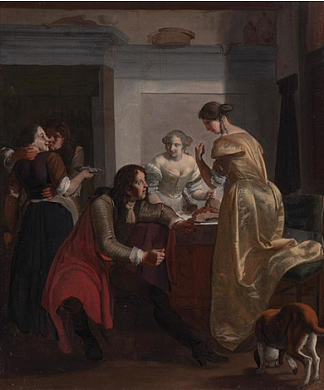 室内优雅的公司，玩石头剪刀布 Elegant Company in an Interior, Playing Rock Paper Scissors (c.1675)，雅各布布·奥切特瓦尔特