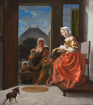 一个内部，一位女士向乞丐施舍 An interior with a lady giving alms to beggars，雅各布布·奥切特瓦尔特