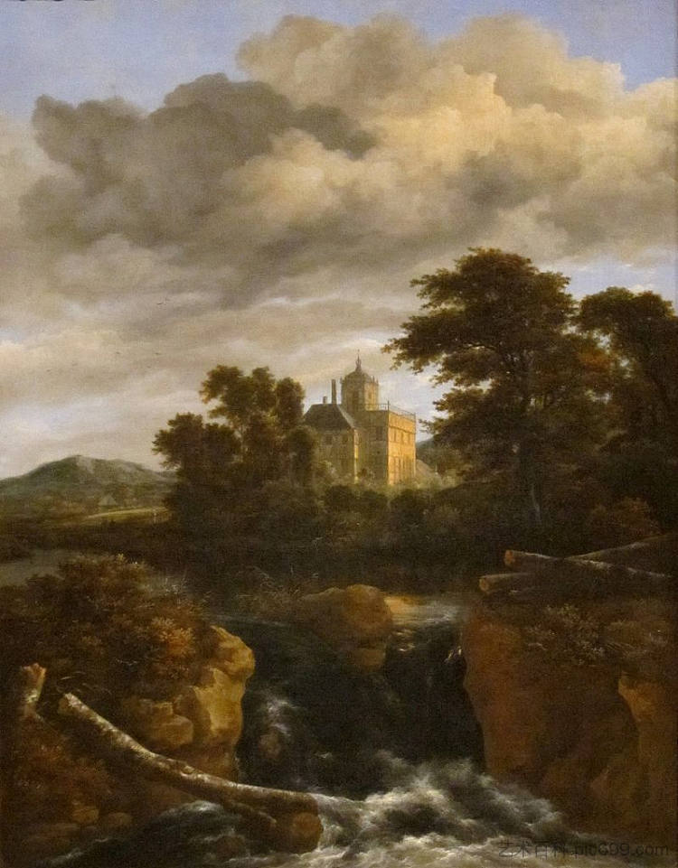 瀑布和城堡的景观 Landscape with a Waterfall and Castle (1670),雅各布布·凡·雷斯达尔