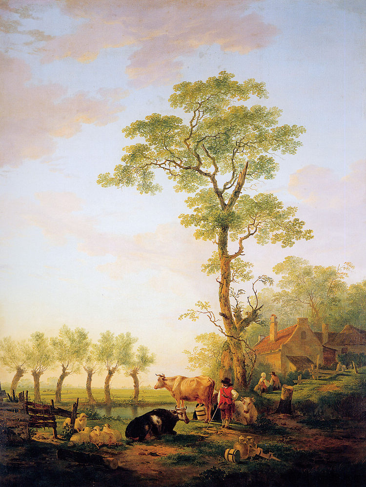 荷兰景观与牛和农场 Dutch landscape with cattle and farm，雅各布伯范斯特里