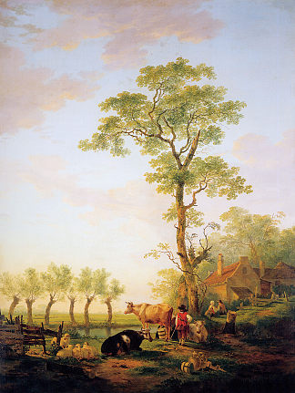荷兰景观与牛和农场 Dutch landscape with cattle and farm，雅各布伯范斯特里