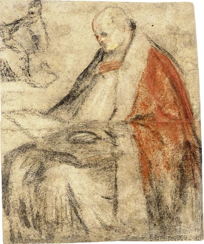 一位坐着的主教在膝盖上读书的研究 Study of a Seated Bishop Reading a Book on his Lap (1578),雅格布·巴萨诺
