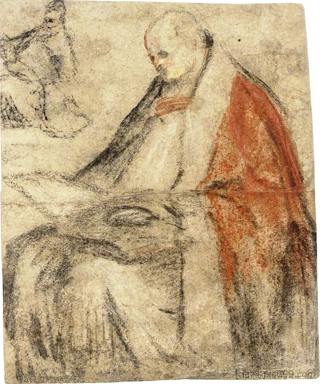 一位坐着的主教在膝盖上读书的研究 Study of a Seated Bishop Reading a Book on his Lap (1578)，雅格布·巴萨诺