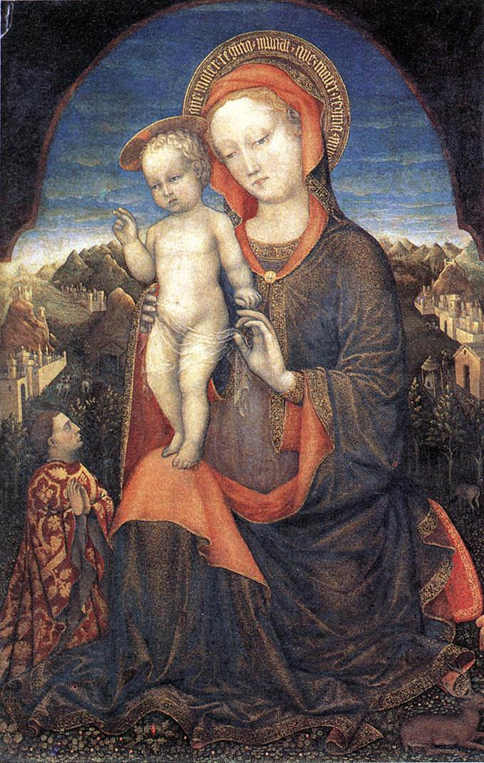 莱昂内洛·德·埃斯特崇拜的谦逊圣母 The Madonna of Humility adored by Leonello d'Este (c.1450; Italy  )，雅各布布·贝利尼