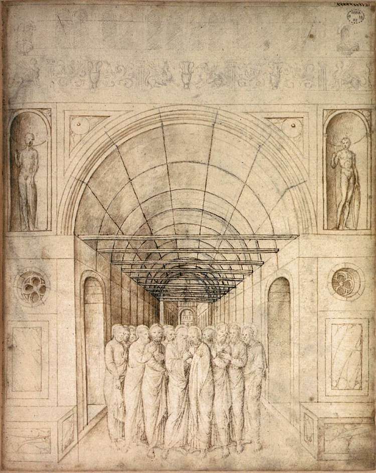 桶形拱形通道中的十二使徒 The Twelve Apostles in a Barrel Vaulted Passage (1440 - 1470)，雅各布布·贝利尼