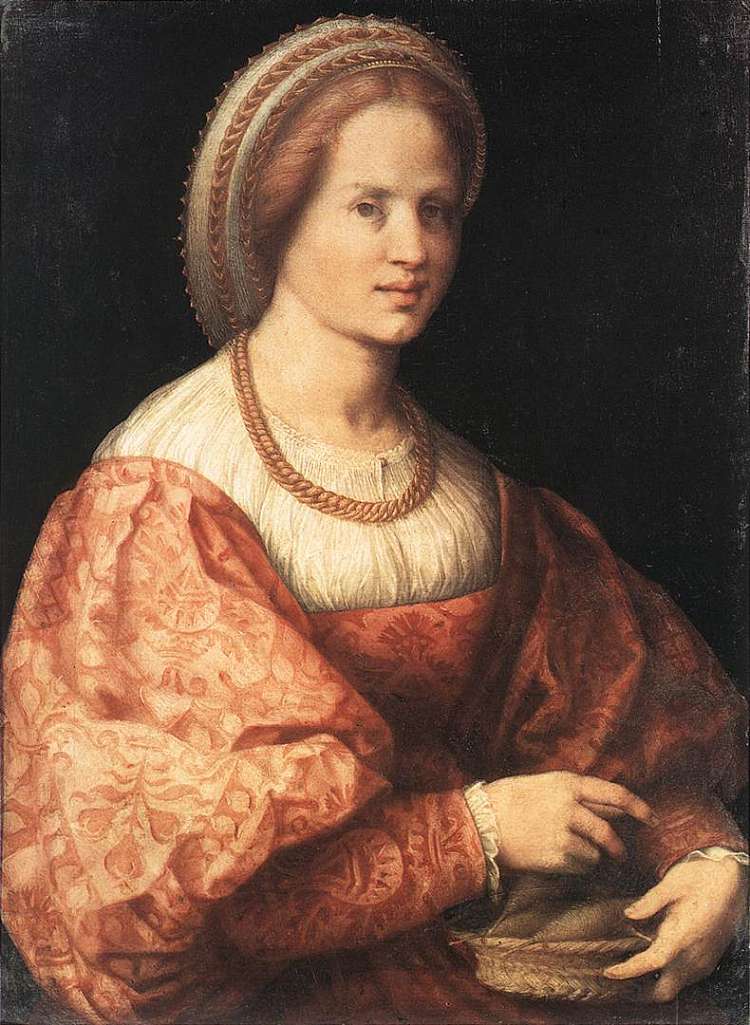 拿着一篮锭子的女士 Lady with a Basket of Spindles (c.1516; Italy  )，雅各布布·达·蓬托尔莫