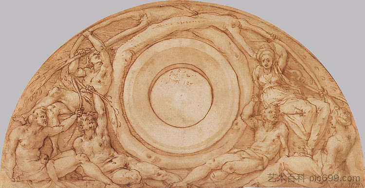 与Vertumnus和Pomona一起研究Lunette Study for the Lunette with Vertumnus and Pomona (1519; Italy  )，雅各布布·达·蓬托尔莫