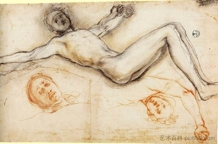 研究基督钉在十字架上 Study of the Nailing of Christ to the Cross (c.1523; Italy ),雅各布布·达·蓬托尔莫
