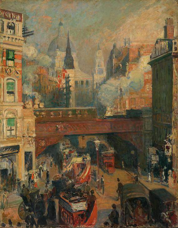 卢德盖特马戏团，城市入口（11月中午） Ludgate Circus, Entrance to the City (November, Midday) (c.1910)，雅克-埃米尔·布兰奇