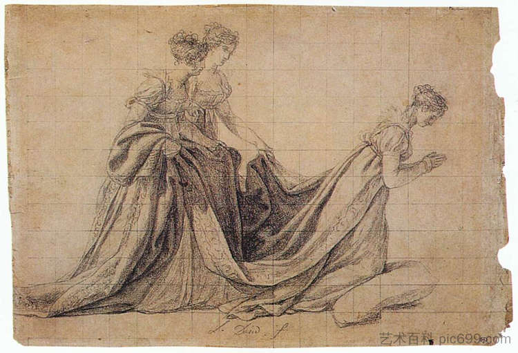 约瑟芬皇后与拉罗什福考夫人和瓦莱特夫人跪下 The Empress Josephine Kneeling with Mme de la Rochefoucauld and Mme de la Valett (1806)，雅克·路易·大卫