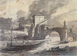 台伯河和圣安吉洛城堡的景色 View of the Tiber and Castel St. Angelo (1776)，雅克·路易·大卫