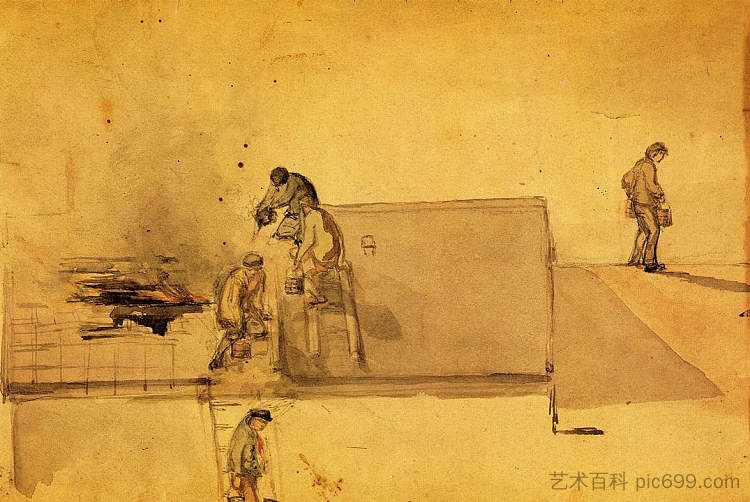 庞弗雷大火 A Fire at Pomfret (c.1850)，詹姆斯·阿博特·麦克尼尔·惠斯勒