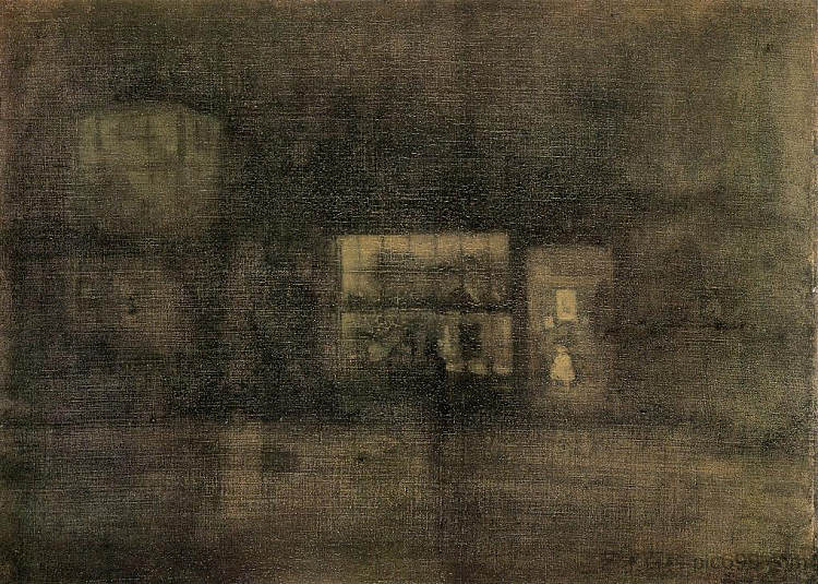 夜曲黑色和金色 - 抹布店，切尔西 Nocturne Black and Gold - The Rag Shop, Chelsea (c.1878)，詹姆斯·阿博特·麦克尼尔·惠斯勒