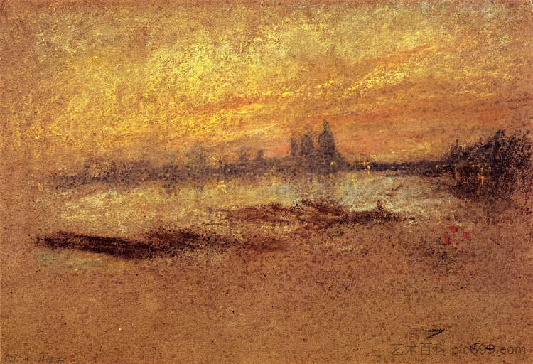 红色和金色：敬礼，日落 Red and Gold: Salute, Sunset (1880)，詹姆斯·阿博特·麦克尼尔·惠斯勒