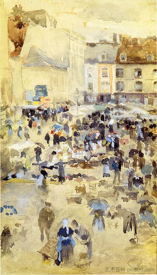 紫色和灰色的变化 - 市场 Variations in Violet and Grey - Market Place (1885),詹姆斯·阿博特·麦克尼尔·惠斯勒