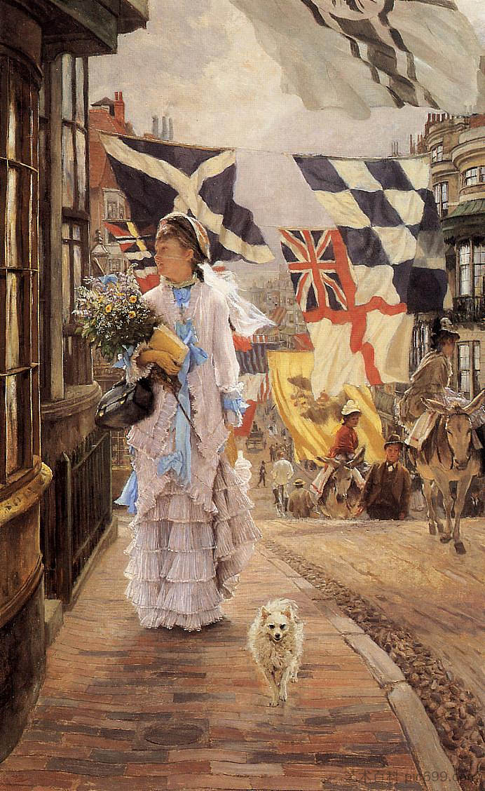 布莱顿的节日（背景中看到欧洲各国的海军旗帜） A Fete Day at Brighton (Naval flags of various European nations seen In background) (c.1875 - c.1878)，詹姆斯·天梭